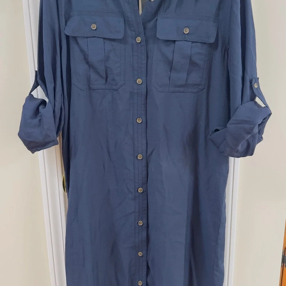 Banana RepublicNWT Navy Button-Front Midi Shirt Dress pit to pit 21.5-mix25) - Picture 7 of 7